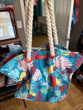 Margaritaville Teal Multi Tropical Canvas Tote with Rope Handles